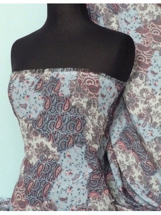 Chiffon Soft Touch Sheer Fabric- Blue Paisley Patch Q378 BL