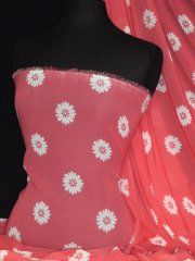 Chiffon Soft Touch Sheer Fabric- Coral/ White Daisy Flower Q1367 CRLWHT