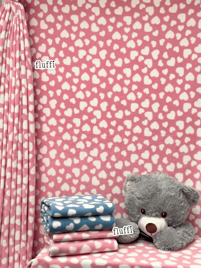 Clearance Polar Fleece Anti Pill Washable Soft Fabric- Baby Pink/White Hearts