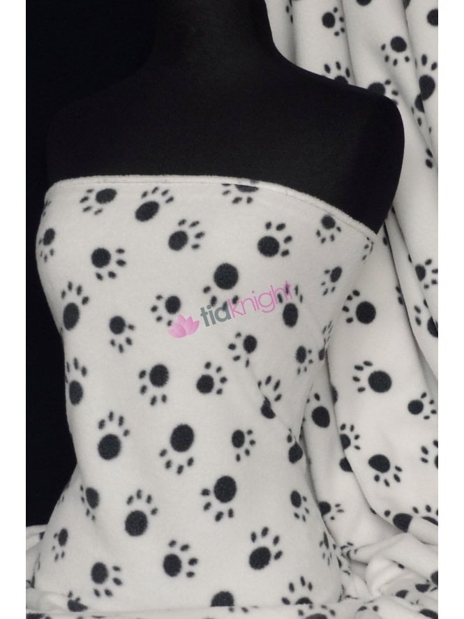 Clearance Polar Fleece Anti Pill Washable Soft Fabric- White/Black Paws