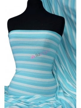 Clearance Viscose Cotton 4 Way Stretch Fabric- Stripe Aqua Blue/White Q320 BLWHT