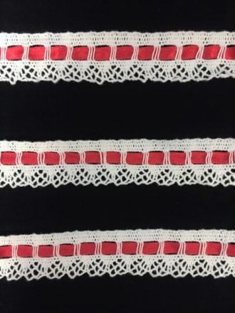 Cotton Crochet Red Ribbon Trim- White SY139 WHTRD