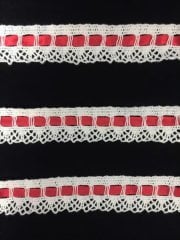 Cotton Crochet Red Ribbon Trim- White SY139 WHTRD