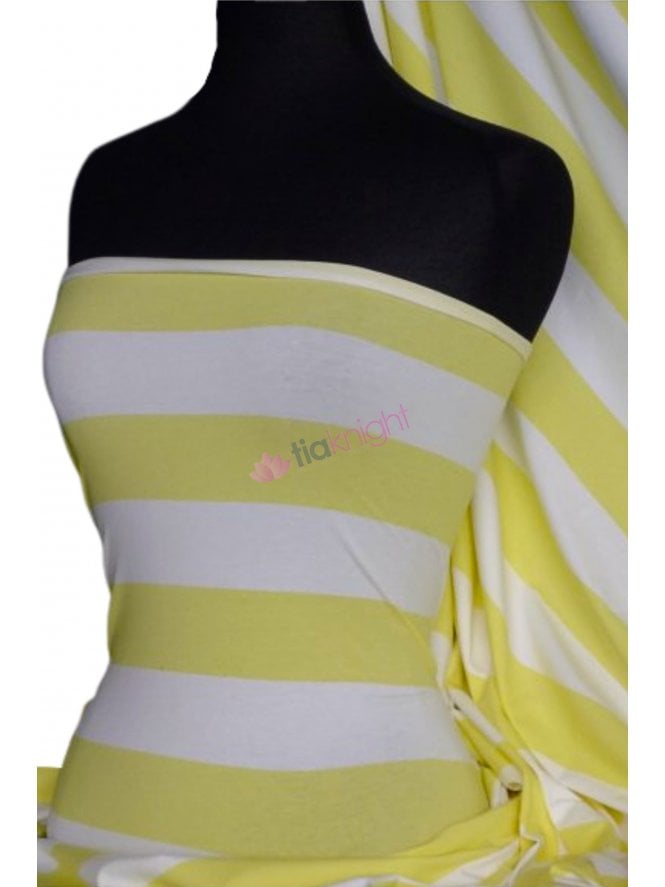 Cotton Lycra Jersey 4 Way Stretch Fabric- Yellow/White Horizontal Stripe Q1243 YLWHT