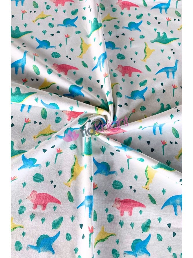 Cotton Lycra Jersey 4 Way Stretch Oeko-Tex 100 Fabric- Baby Dinosaurs SQ778 WHTMLT