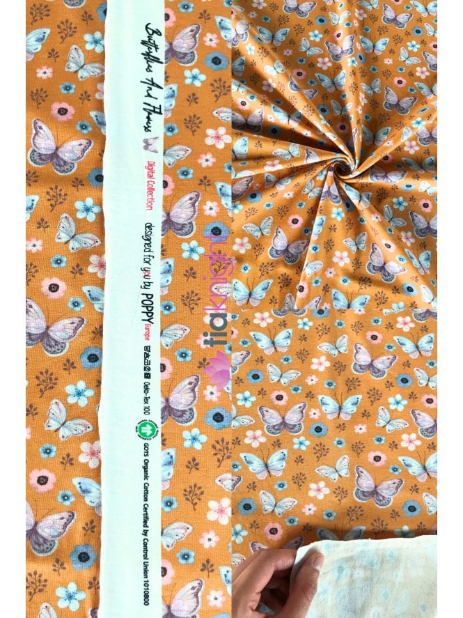 Cotton Lycra Jersey 4 Way Stretch Oeko-Tex 100 Fabric- Butterflies Mustard/Multi SQ771 MST