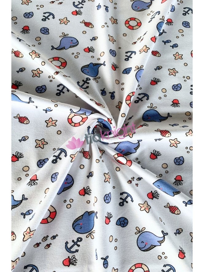 Cotton Lycra Jersey 4 Way Stretch Oeko-Tex 100 Fabric- Sea Animals SQ775 WHTMLT