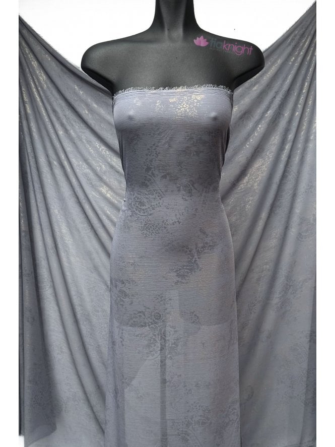 Crinkle Chiffon Sheer Subtle Shimmer Fabric- Grey/ Gold Floral Foil SQ1023 GRGD