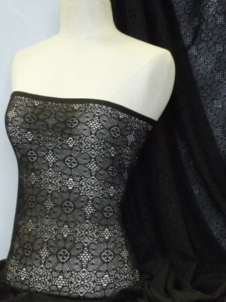 Crochet Knit Lace Stretch Fabric- Black Daisy Q875 BK SL