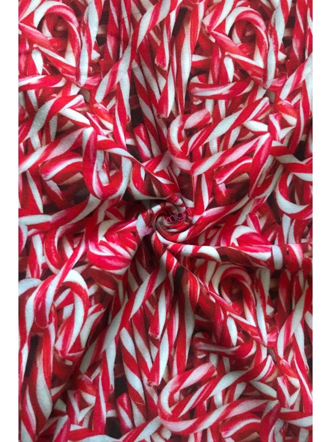 Elastane 4 Way Stretch Fabric- Red Candy Canes SQ735 RDWHT
