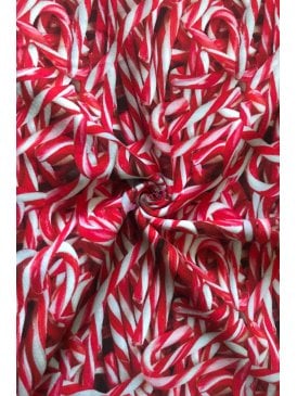 Elastane 4 Way Stretch Fabric- Red Candy Canes SQ735 RDWHT