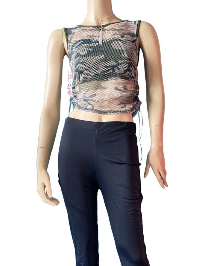 Fishnet Camouflage Sleeveless Tank Top- Khaki