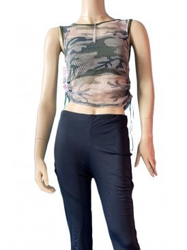 Fishnet Camouflage Sleeveless Tank Top- Khaki
