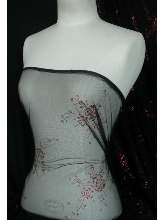 Floral Glitter Design Polyester Net Mesh Fabric- Black/ Red Q164 BKRD