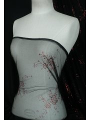 Floral Glitter Design Polyester Net Mesh Fabric- Black/ Red Q164 BKRD