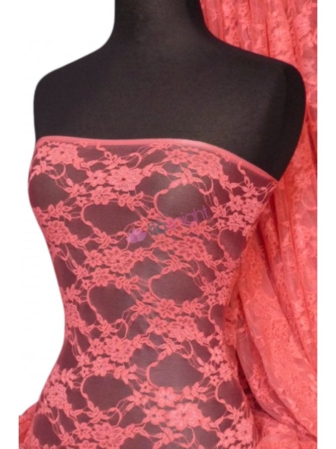 Flower Stretch Lace Fabric- Light Coral Q137 LCRL