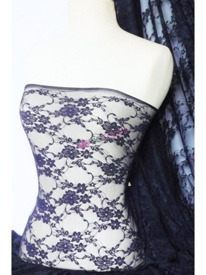 Flower Stretch Lace Fabric- Navy Blue Q137 NY