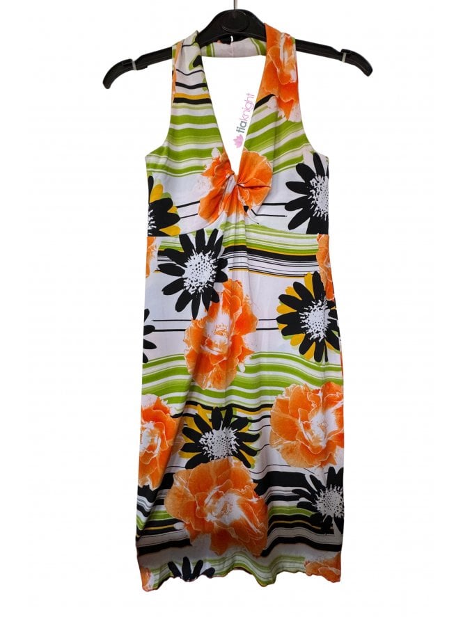 Halterneck Summer Floral Sleeveless Dress- Orange/Multi