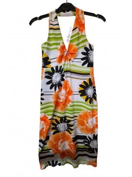 Halterneck Summer Floral Sleeveless Dress- Orange/Multi