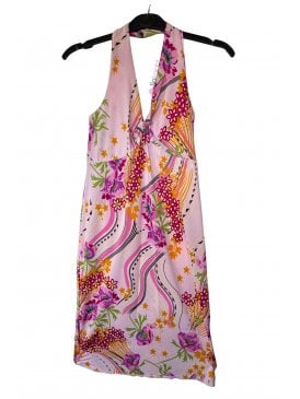 Halterneck Summer Floral Sleeveless Dress- Pink/Multi