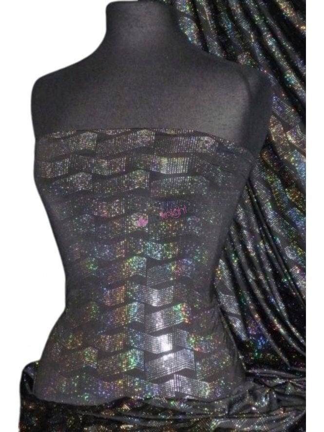 Hologram Rainbow Foil Stretch Spandex - 3D Space Waves Black HMLYC66 BKSLV