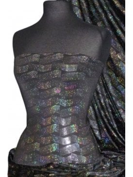 Hologram Rainbow Foil Stretch Spandex - 3D Space Waves Black HMLYC66 BKSLV