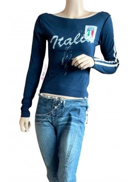 Italy Football 100% Cotton Long Sleeve Top- Navy