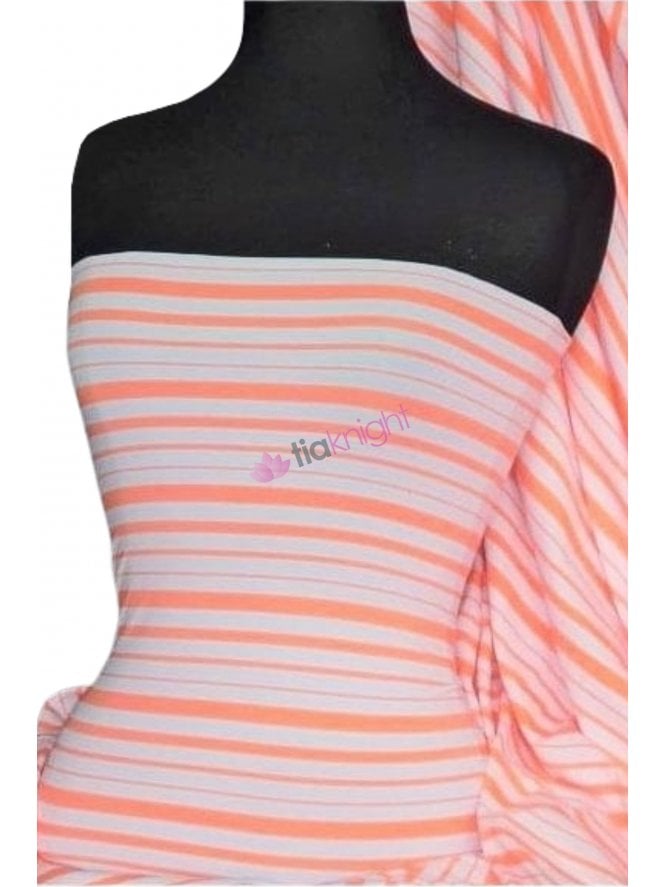 Jersey Lycra 4 Way Stretch Fabric- Neon Peach/Multi Horizontal Stripe Q1232 NPCH