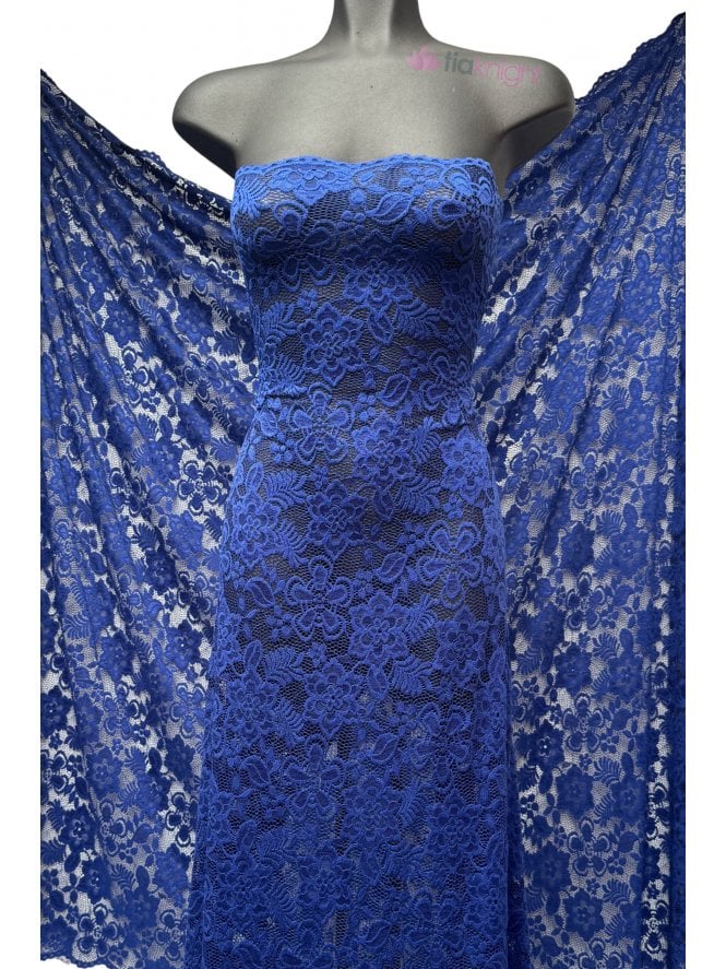 Lace Corded Floral Orchid Scalloped Stretch Fabric- Royal Blue SQ1021 RBL