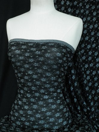 Lace Daisy Design 4 Way Stretch Fabric- Black/ Silver SQ22 BKSLV