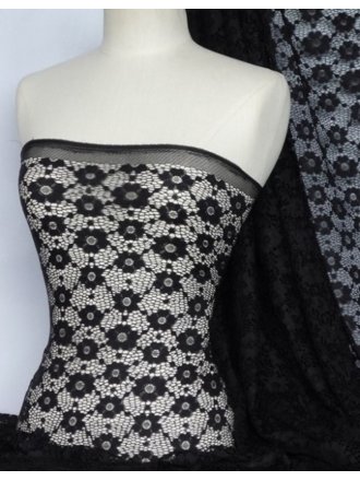 Lace Daisy Stretch Fabric- Black Q906 BK