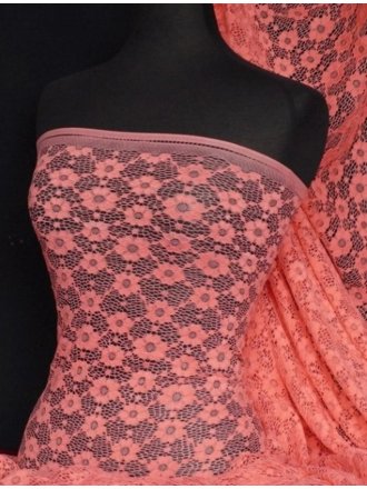 Lace Daisy Stretch Fabric- Coral Pink Q906 CRL