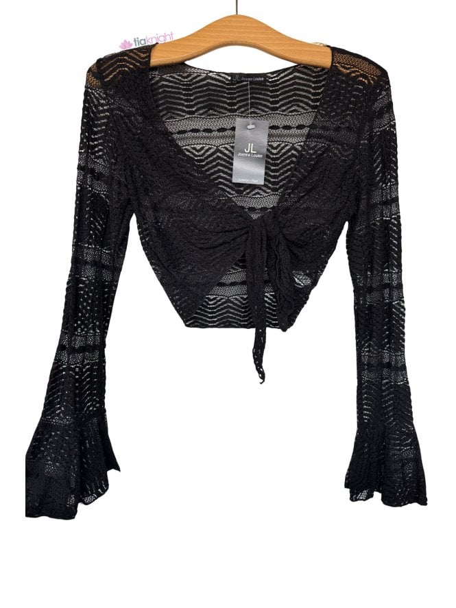 Lace Design Wrap Front Tie Bell Sleeve Shrug Bolero Top- Black