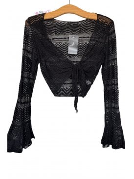 Lace Design Wrap Front Tie Bell Sleeve Shrug Bolero Top- Black