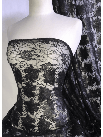 Lace Dress/Dance Sequin Net Fabric- Matt Black Floral SQ366 MTBK