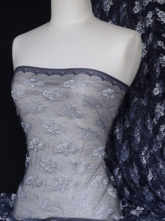 Lace Floral Antique Design Stretch Fabric- Navy Blue Q793 NYWHT