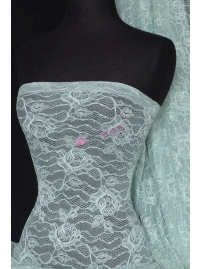 Lace Floral Stretch Fabric- Mint Blue Rose Q1068 MNT