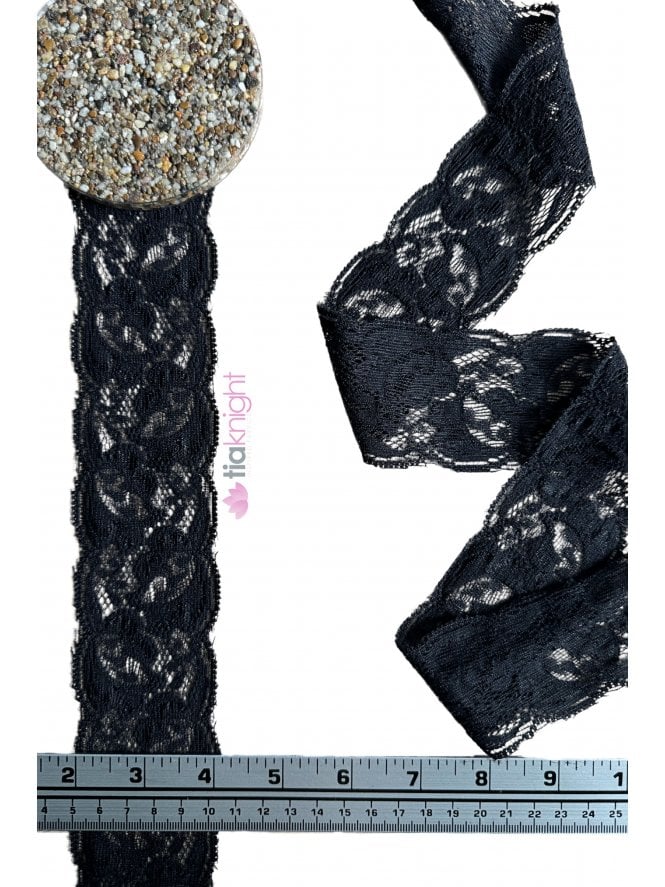 Lace Flower Stretch Elastane Scalloped Trimming- Black SY302 BK