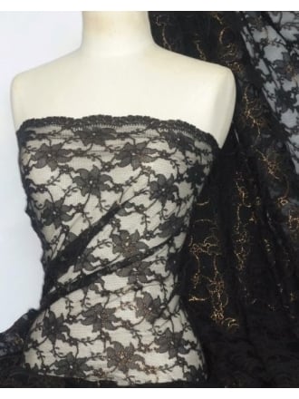 Lace Foil Cord Stretch Fabric- Black/Gold Q1225 BKGLD