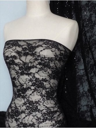 Lace Lycra Sequins Daisy Stretch Fabric - Black Q279 BK