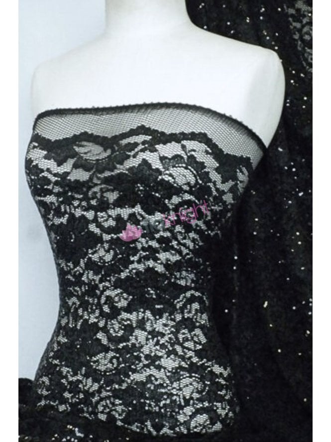 Lace Lycra Sequins Flower Stretch Fabric - Black Q1196 BK