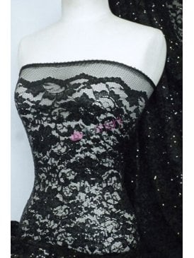 Lace Lycra Sequins Flower Stretch Fabric - Black Q1196 BK