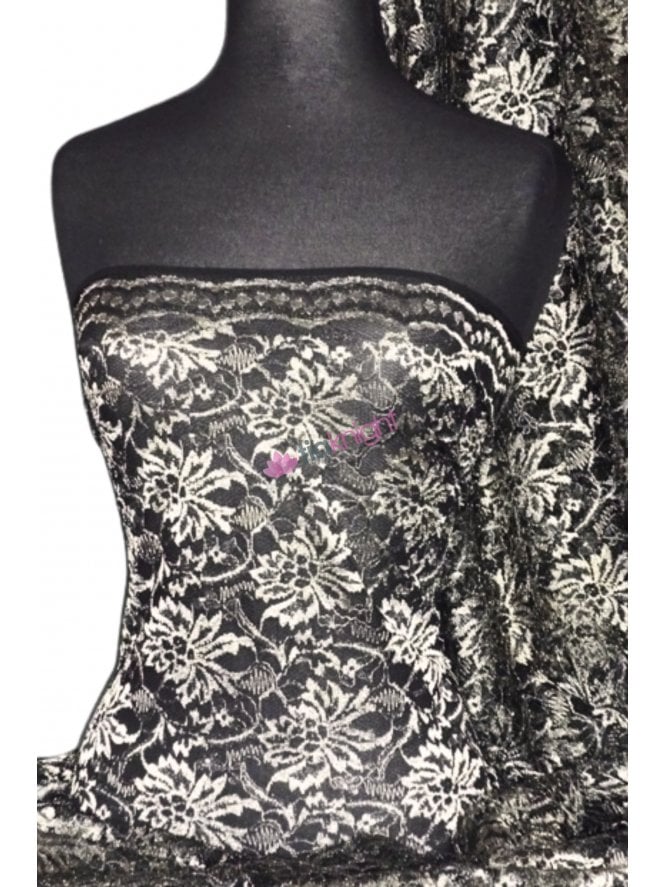 Lace Non-Stretch Dressmaking Fabric- Black/Antique Gold Floral Q119 BKGLD
