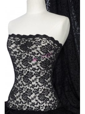 Lace Rose Design Scalloped 4 Way Stretch Fabric- Black Q723 BK