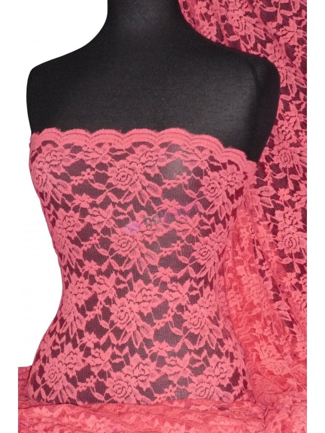 Lace Rose Design Scalloped 4 Way Stretch Fabric- Coral Q723 CRL
