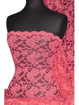 Lace Rose Design Scalloped 4 Way Stretch Fabric- Coral Q723 CRL
