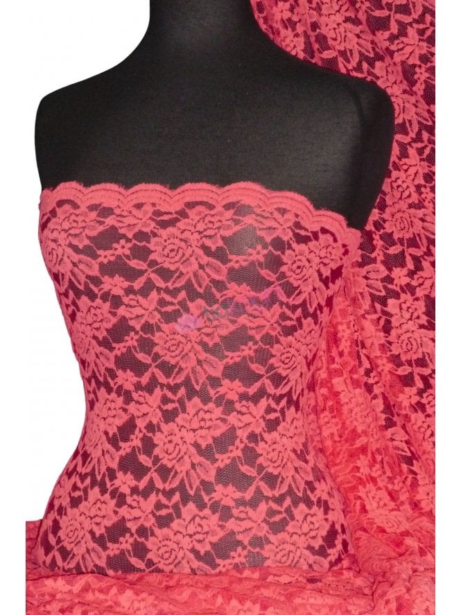 Lace Rose Design Scalloped 4 Way Stretch Fabric- Dark Coral Q723 DCRL