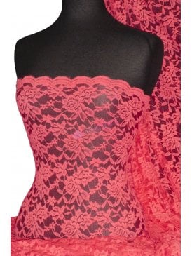 Lace Rose Design Scalloped 4 Way Stretch Fabric- Dark Coral Q723 DCRL