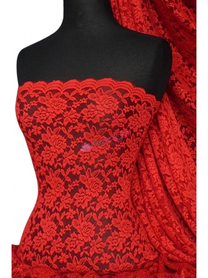 Lace Rose Design Scalloped 4 Way Stretch Fabric- Red Q723 RD