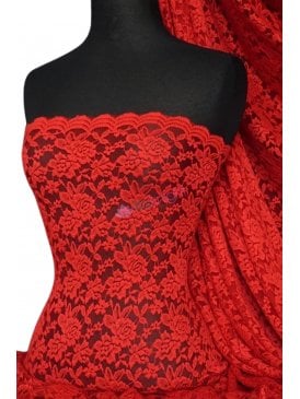 Lace Rose Design Scalloped 4 Way Stretch Fabric- Red Q723 RD